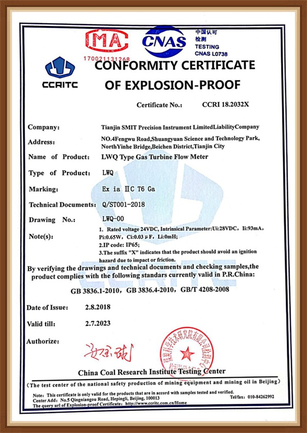 气体涡轮流量计英文防爆证